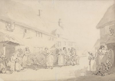 Une scène de village avec des jeunes filles filant la laine - Thomas Rowlandson