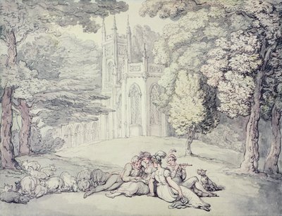 Un collège vert avec un groupe de demoiselles et de jeunes hommes au premier plan - Thomas Rowlandson