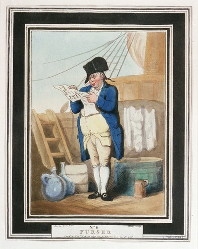 Un capitaine de navire, dans la Royal Navy au XVIIIe siècle, pour atteindre ce rang, un homme devait avoir servi au moins un an comme secrétaire du capitaine, pour écrire le courrier et le journal de bord, le commissaire était en charge des réserves de la  - Thomas Rowlandson
