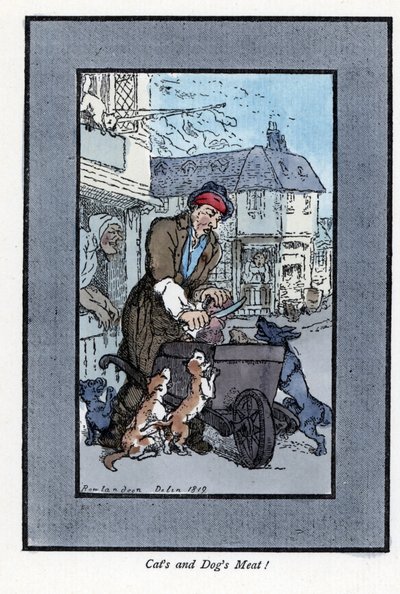 Boucher itinérant découpant un morceau de viande, attaqué par des chiens et des chats - Thomas Rowlandson