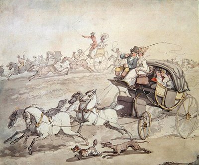 Carrosses et cavaliers à toute vitesse à travers une prairie - Thomas Rowlandson
