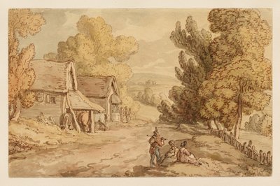 Chalet et grange avec des personnages se reposant au bord d