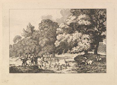 Chasse au cerf – Paysage représentant un cerf et des chiens de chasse au bord d