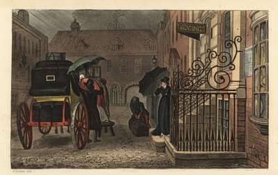 Départ : les touristes chargent leurs bagages sur une calèche devant un hôtel sous la pluie - Thomas Rowlandson