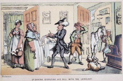 Le docteur disputant une note (dans un hôtel ?) - dans « Les trois tours du docteur Syntax : à la recherche du pittoresque, de la consolation et d