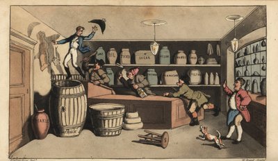 Johnny ivre poursuivi par des veilleurs de nuit dans une épicerie sur le point de tomber dans un tonneau de beurre. Gravure à la main en cuivre par W. Read d