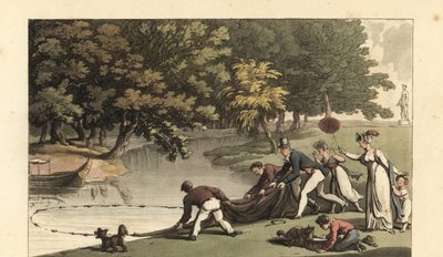 Gentleman anglais et personnel pêchant dans une rivière - Thomas Rowlandson