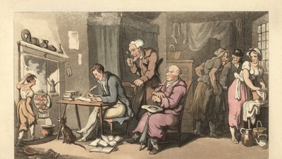 Gentleman anglais écrivant une lettre de mendicité dans un salon décrépit - Thomas Rowlandson