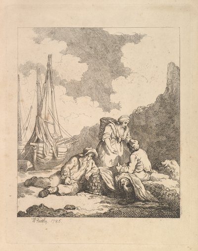 Pêcheurs au bord de la mer - Scène côtière avec un homme assis sur le sol reposant un coude sur ..., 1786 - Thomas Rowlandson