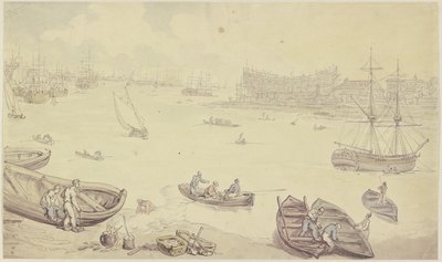 Une rivière avec de nombreux bateaux et un chantier naval - Thomas Rowlandson
