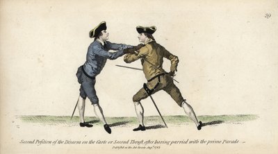 Gentleman escrimeur en seconde position du désarmement sur la carte ou seconde estocade, après la parade Prime. Gravure à l