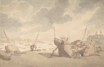 Scène de port à marée basse, avec des bateaux échoués - Thomas Rowlandson