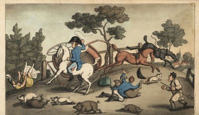 Johnny et une dame percutent une charrette dans un troupeau de porcs. Gravure à la main en cuivre par W. Read d