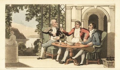 Johnny et ses amis buvant et chantant sur une terrasse surplombant la Tamise. Gravure à la main en cuivre par Thomas Rowlandson tirée de The History of Johnny Quae Genus de William Combe, le petit trouvé du défunt Dr Syntax - Thomas Rowlandson