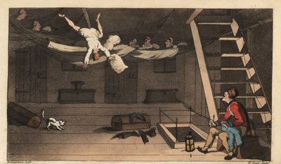 Johnny tombe de son hamac dans sa cabine. Gravure à la main en cuivre par W. Read d