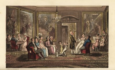 Johnny donne une grande fête. Événement social dans un grand manoir, avec des invités jouant aux cartes, chantant des chansons, parlant, dansant et socialisant. Gravure à l
