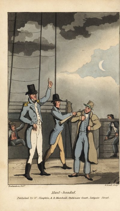 Johnny en tête de mât par le capitaine. Ordonné de grimper au sommet du mât pour avoir perdu un marin en permission. Gravure à l