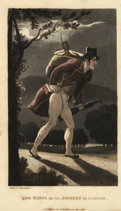 Johnny marchant sur la route éclairée par la lune vers Londres. Il a un sac à dos avec un violon, un livre dans la poche de son manteau et porte un parapluie. Gravure à la main en cuivre par Thomas Rowlandson tirée de The History of Johnny Quae Genus de Wi - Thomas Rowlandson