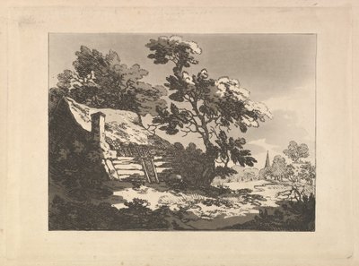 Paysage avec une petite maison nichée parmi les arbres à gauche et le clocher d