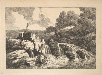 Paysage avec deux pêcheurs grimpant sur des rochers près d