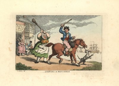 Homme battant un cheval têtu avec un gourdin, tandis que le propriétaire Wido - Thomas Rowlandson