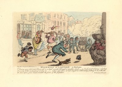 Homme poursuivant son chapeau dans une rue boueuse par grand vent - Thomas Rowlandson