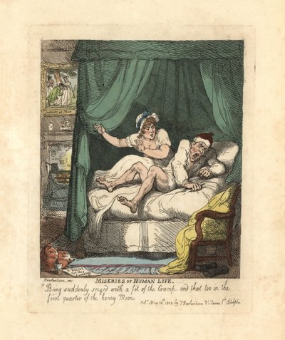 Homme saisi par une crampe à la jambe dans le lit de lune de miel - Thomas Rowlandson