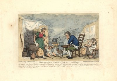 Homme utilisant des soufflets devant un feu dans une pièce enfumée - Thomas Rowlandson