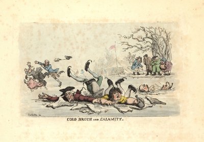 Hommes et femmes patinant sur de la glace mince et tombant dans une rivière glacée - Thomas Rowlandson