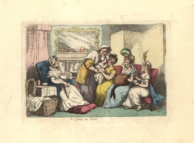 Mère avec nouveau-né visitée par plusieurs femmes dans un salon - Thomas Rowlandson