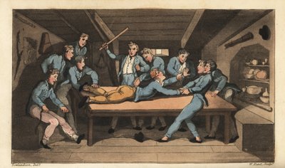 Punition navale de cobbing (fouet) pour avoir ruiné un repas. Johnny est battu avec un bâton sur la table pour avoir ajouté du sel au pudding. Gravure à l