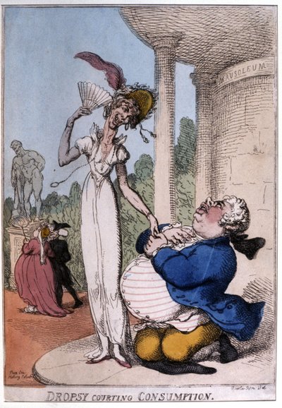 Homme obèse courtisant une patiente tuberculeuse : hydropisie et consomption, début du 19e siècle (caricature) - Thomas Rowlandson