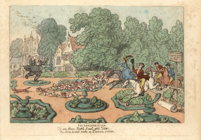 Pasteur maudissant les chasseurs de renards et les chiens piétinant son jardin - Thomas Rowlandson