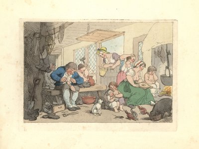 Cordonnerie de la Régence réparant des chaussures dans une pièce bondée - Thomas Rowlandson