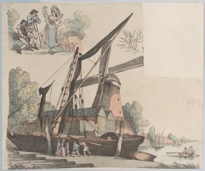 Scène de rivière avec moulin à vent de la planche 9, Contours de figures, paysages et C..., 20 janvier 1791 - Thomas Rowlandson