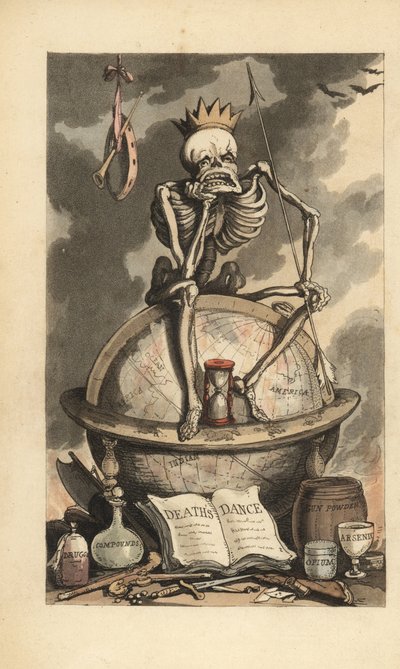 Squelette avec couronne, lance et sablier assis sur un globe au-dessus de diverses armes mortelles, pistolets, couteaux, poisons et drogues. Gravure à la main par Thomas Rowlandson de The English Dance of Death, Ackermann, Londres - Thomas Rowlandson