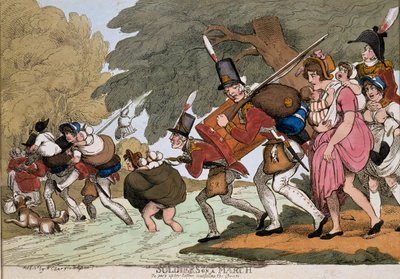 Soldats en marche, gravure de G.M. Woodward, publiée en 1811 - Thomas Rowlandson