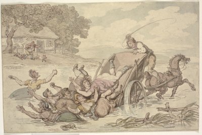 "Le Charretier et les Bohémiens" : Une charrette renversée dans un ruisseau, renversant un groupe de femmes dans l
