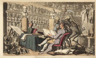 Les figures du Temps avec une faux et de la Mort avec sa lance et son sablier se tiennent derrière un artiste avec une plume dessinant dans un atelier rempli de bustes et de sculptures classiques. Gravure en cuivre dessinée et gravée par Thomas Rowlandson  - Thomas Rowlandson