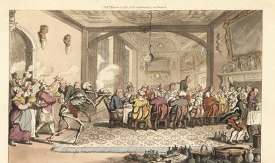 La mort apporte un plat fatal à un festin glouton dans une grande salle. - Thomas Rowlandson