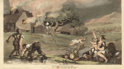 Le squelette de la Mort incendie une maison avec des torches tandis qu