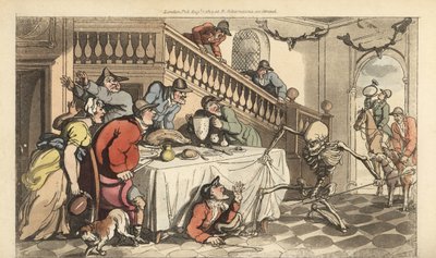 La mort vient pour un chasseur caché sous une table après une chasse au renard - Thomas Rowlandson