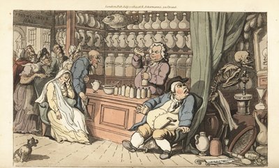 Le squelette de la Mort broie lentement du poison dans la boutique du charlatan, tandis que le charlatan verse un remède fatal dans une bouteille - Thomas Rowlandson
