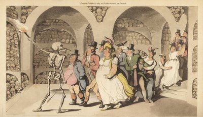 Le squelette de la Mort guide un groupe de touristes à travers les Catacombes de Paris - Thomas Rowlandson