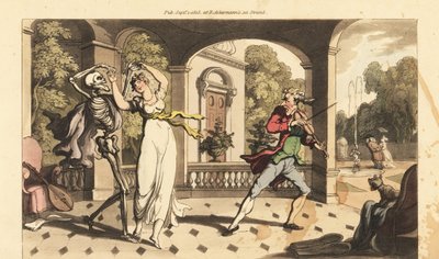 Le squelette de la Mort en cape danse une dernière valse avec la fragile Caelia, tandis que son professeur de danse regarde avec effroi. Gravure à la main en cuivre dessinée et gravée par Thomas Rowlandson de The English Dance of Death, Ackermann, Londres - Thomas Rowlandson