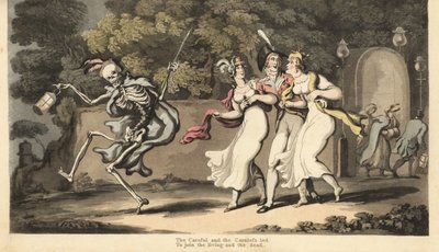 Le squelette de la Mort en manteau et bonnet danse avec une lanterne devant un dandy en uniforme et deux beautés en robes de mousseline et châles. Gravure à la main par Thomas Rowlandson de « The English Dance of Death » - Thomas Rowlandson