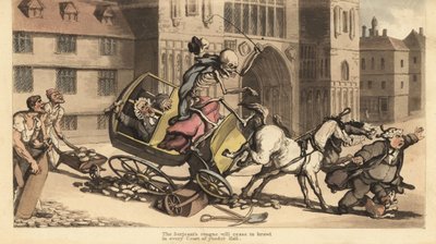 Le squelette de la Mort en manteau et bonnet conduit un attelage de deux chevaux qui s