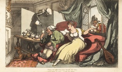 La mort verse un verre de vin fatal au vieux fou Sir Peter pendant sa lune de miel, tandis que sa jeune épouse Julia flirte avec le Major Henry à la fenêtre. - Thomas Rowlandson