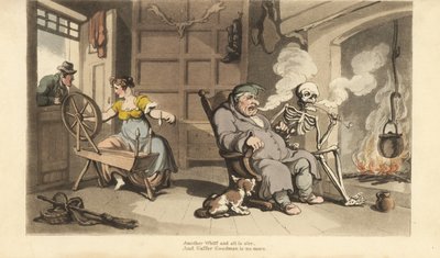 Le squelette de la Mort fume une pipe au coin du feu avec le vieux Gaffer Goodman, tandis que sa jeune femme est séduite par un prétendant à la fenêtre. Gravure à la main en cuivre dessinée et gravée par Thomas Rowlandson de The English Dance of Death, Ack - Thomas Rowlandson