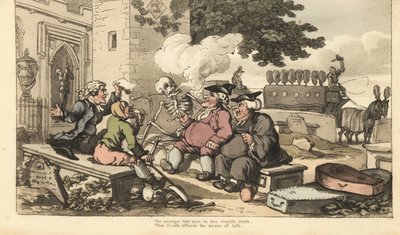 Le squelette de la Mort fume une pipe sur une pierre tombale avec des hommes qui vivent de la mort - prêtre, fossoyeur, entrepreneur de pompes funèbres, sonneur de cloches, conducteur de corbillard et avocat. Gravure à la main par Thomas Rowlandson de « Th - Thomas Rowlandson